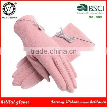 Helilai Factory Ladies Pink Wool GLoves With Bows on the Back Women Wool Gloves