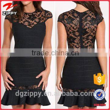 Wholesale New Fashion Black Lace Insert Peplum One Piece Mini Ladies Dress Pattern