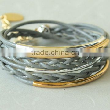 leather wrap bracelet with tubes, double wrap braided leather bracelet, gold and silver tubes leather wrap bracelet