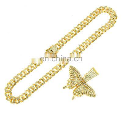 Women Punk Gold Plated Sparkling Rhinestone Cuban Butterfly Necklace Crystal Butterfly Cuban Link Choker Necklace