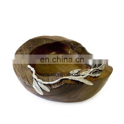 curved wooden bowl with metal leaf attach