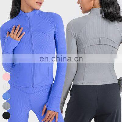 Breathable Running Workout Coat High Elastic Thumb Holes Gym Fitness Sports Jacket Women Clothing Long Sleeve Zipper Yoga Jacket