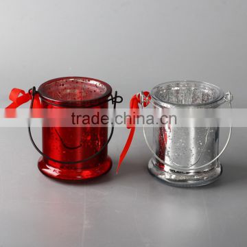 Glass candle holder with metal handle set of 2