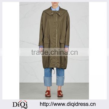 Wholesale Ladies Apparel Front Flap Pockets Long Length Dark Olive Shell Parka(DQE0373C)