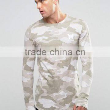 Fashion Design Mens Camo Long Sleeve Tee with Thumbhole OEM Regular Fit Longline Curved Hem T Shirt Wholesale