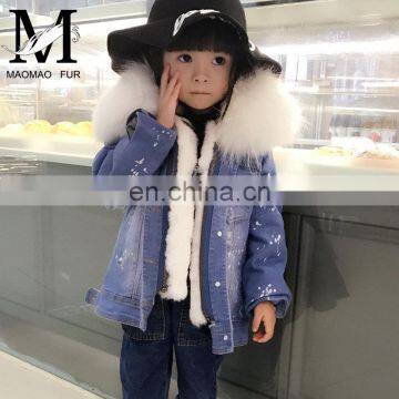 New Design Cute Winter Jacket Kids / Wholesale Real Rabbit Fur Kids Life Jacket / Fashion Raccoon Fur Collar Kids Denim Jacket