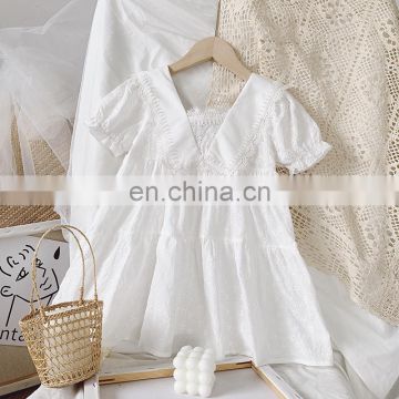 Children's skirt 2020 new foreign style net red solid color lace girls summer short-sleeved dress baby princess dress all-match