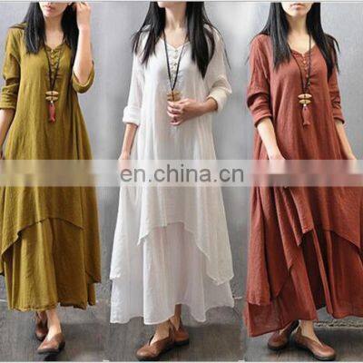 Johnature Cotton Color Women Maxi Dress 2021 Autumn New False Two-piece Long Sleeve Round Neck Loose Plus Size Irregular Dress