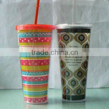 16oz double wall plastic mug with straw and lid and paper insert