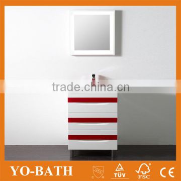 24" modern white red bath vanity with red glass wash basin