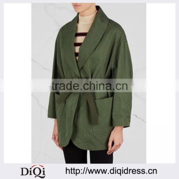 Wholesale Ladies Apparel Dropped Shoulders Army Green Cotton and Linen Blend Coat(DQE0359C)