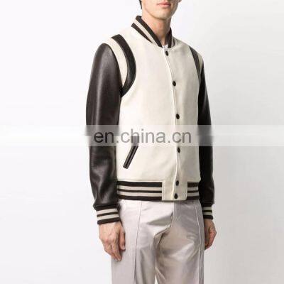 high quality OEM custom logo Embroidered men fashion wool leather sleeve bomber jacket coat