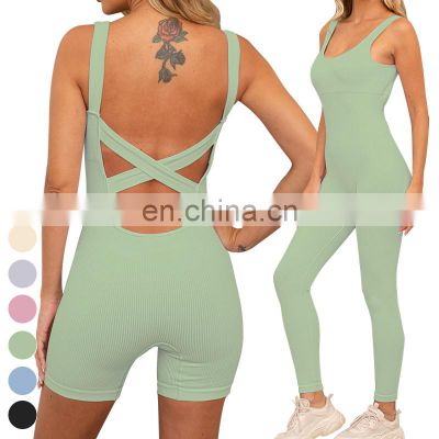 Butt Lifting Cross Back One Piece Jumpsuits Custom Rompers Gym Fitness Workout Bodysuit Seamless Ribbed Yoga Jumpsuit For Women