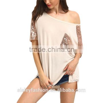 2016 Woman T-shirts Champagne Short Sleeve Sequin T-shirt Women Round Neck Sequined Pocket Casual Loose T-shirt TS078