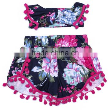 Soft flower pompom shorts with pom pom headband for baby girls with wholesale price