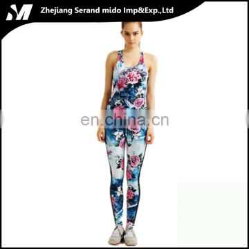 Women Flower Blue Knitted Printing Workout Sexy Digital Gym Yoga