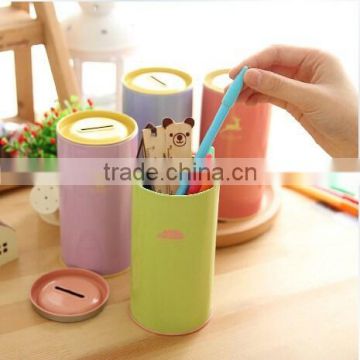 multifunctional design tin can, both as coin bank and tin pen container with detachable cover