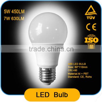 high lumen A60 led bulb 5w 450lm 7w 630lm,Al+pbt ,CRI>80,IC driver with CE ROHS