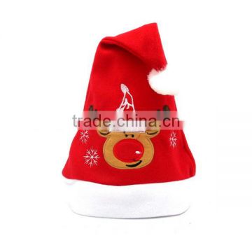Alibaba china embroidered reindeer Santa Claus snowman snowflake polyester Xmas cap fabric Christmas hat design with pompon