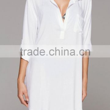 2016 new design V neck 3/4 length white color women beach shirt