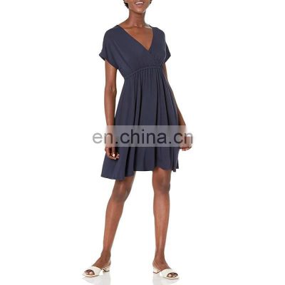Manufacturers wholesale Women's Solid Surplice Dress Summer Casual Short Sleeve V-Neck Short Party Dress