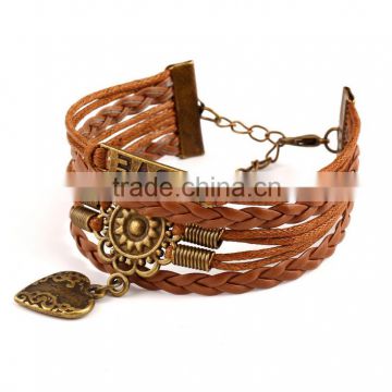 Top selling jewelry for men adjust line alloy leaves pendant bracelet leather