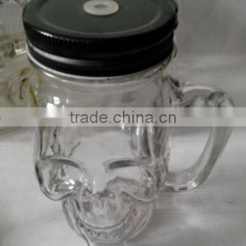 cheap stylish skull head glass mason mug with handle and black lid