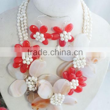 Natural design with freshwater pearl beads and shell flower jewelry necklace and earrings