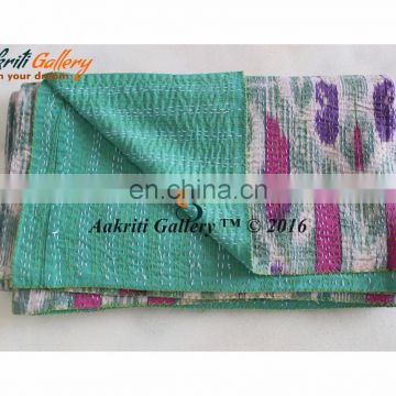 Ikat Bean Print Twin Size Kantha Quilt Kantha Throw Indian Cotton Quilt bedspread