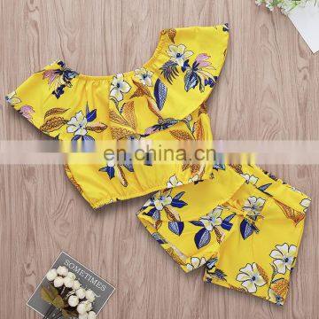 2019 new summer girls yellow tassel off shoulder tops tshirt & kids flower shorts skirt 2pc set 2-7years