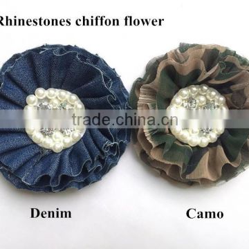 2015 New Style,Handmade Printed 8cm Denim And Camo Rhinestones Center Flower With Pearls,Chiffon Flower