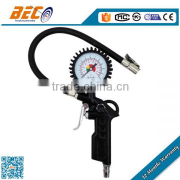 BECO portable air compressor tire inflator with dial pressure gauge