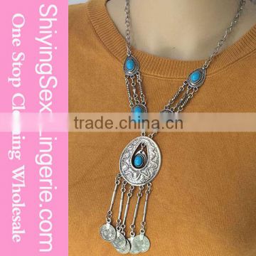 Cheap Wholesale Blue Gem Inlaid Coin Beaded Long Tassel Necklace