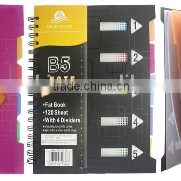 Cheap plastic cover spiral note book with colored PP dividers