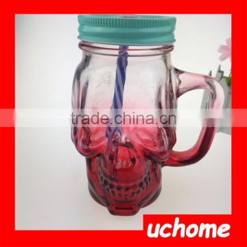 UCHOME Skulls Shape Glass Mason Beverage Jar With Handle And Cover