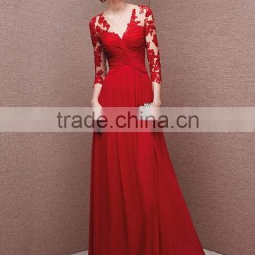 sexy deep v neck hollow lace evening red long sleeve prom dress