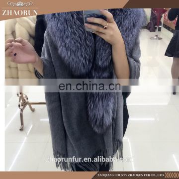 210cm x 70cm large size winter pashmina shawl / sheep fur cape with fox fur collar