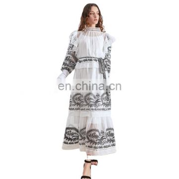 TWOTWINSTYLE Embroidery Ruffle Chiffon Dress Female Long Sleeve Lace up Midi Casual Clothing