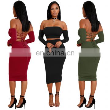 2020 New Arrival Deep V Neck Long Sleeve Two 2 Piece Set High Fashion Women Sexy Bodycon Autumn Outfit Club Dress