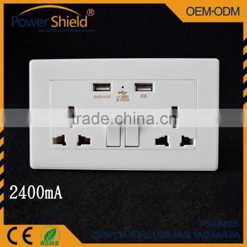 Hotel/Home/Hospital 2 way 2Gang Universal Electric Wall Socket with Dual USB Charging outlet 100% Pure Brass 250V 16A