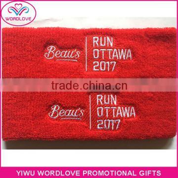 sports promotional custom made red cotton sweatband headbands with white embroidery logo