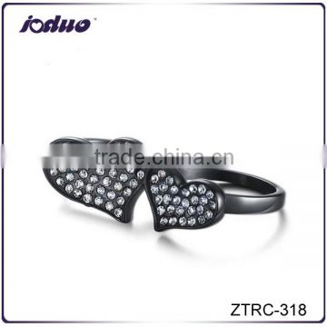 Fashion Double Hearts Rhinestone Two-finger Stainless Steel Ring