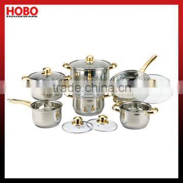 12 Pcs Gold Handle Knob Stainless Steel Cookware Set cooking pot