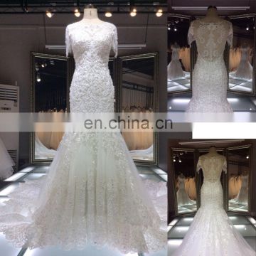 TH-7801JL 2016 new designed appliqued lace and beads beaded wedding dress see back mermaid wedding dress with short sleeve dress