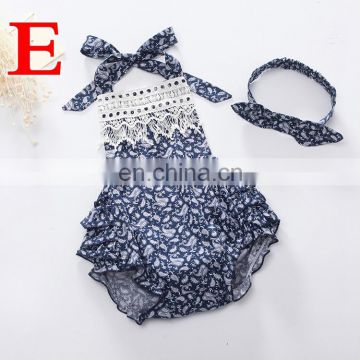 2019 SUMMER GIRLS LACE ROMPERS WITH HEADBAND INFANT BACKLESS FLORAL PRINT BODYSUITS 2PCS SET