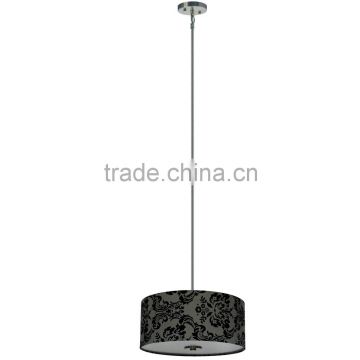 3 light chandelier(Lustre/La arana) in satin steel finish with round 16" damask grey decadance fabric shade