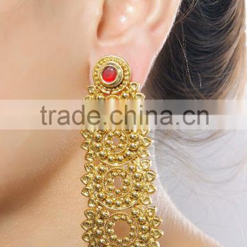 Indian Gorgeous Ruby Stone Made Gold Plated Polki Earring For Women