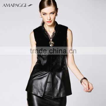 China custom women black leather vest with fur