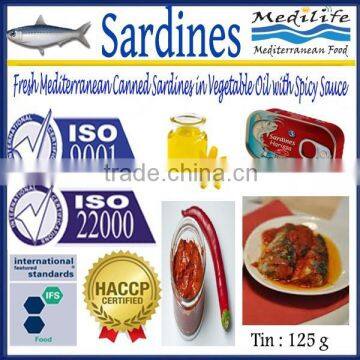 Fresh Mediteranean Canned Sardines inVegetable Oil with Spicy Sauce,High Quality Sardines,Sardines in cans with Spicy Sauce125g