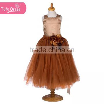 The coffee color fluffy tulle kids girls evening dresses